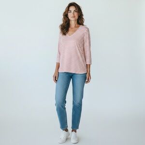 Pink and White Cotton Blend Striped V-Neck Top by 1901    size Small